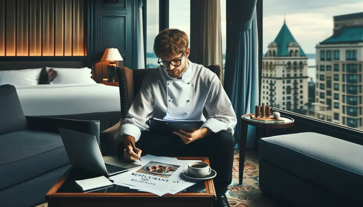 A-person-of-indeterminate-gender-and-dressed-in-a-chefs-uniform-sits-on-a-chair-in-a-luxurious-hotel-room-deeply-focused-on-creating-a-restaurant business plan