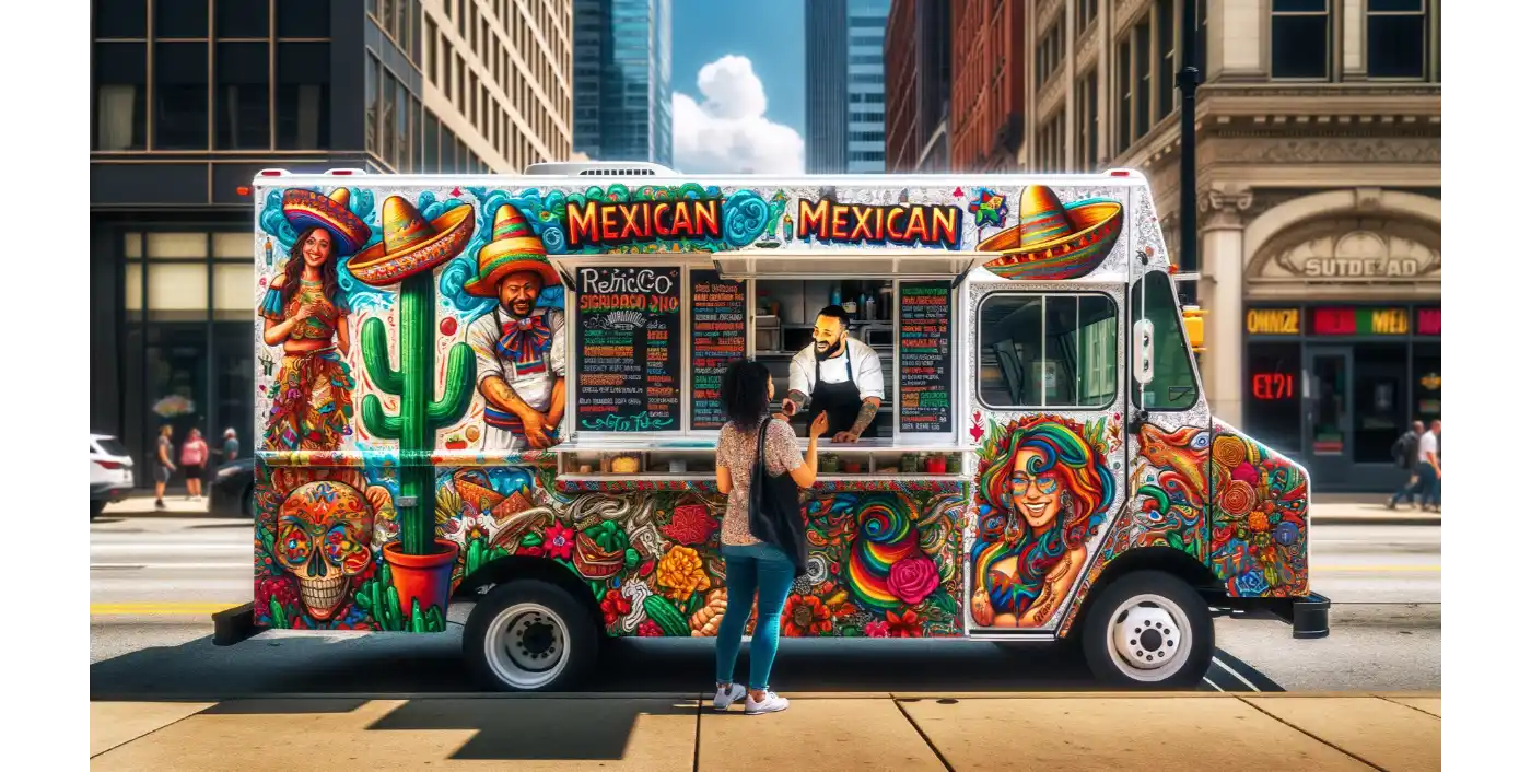 A Mexican food truck, vibrantly decorated with traditional Mexican motifs and colors, parked on a city street. The truck is adorned with bright, eye-catching food truck branding